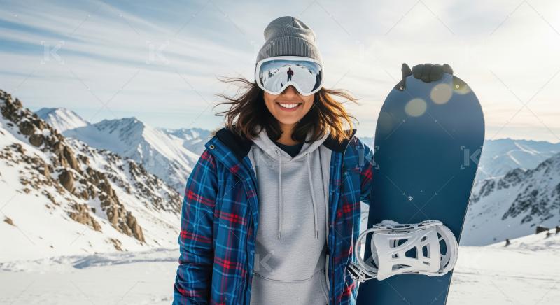 Smiling Female Snowboarder Posing on Snowy Mountain Summit