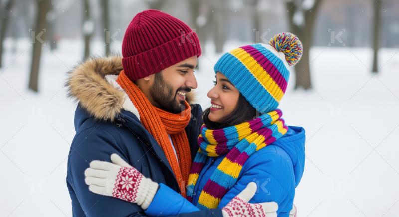 Happy Diverse Couple Embracing in a Snowy Winter Park