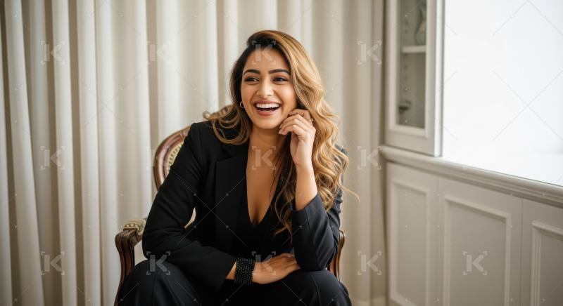 Joyful Professional Woman Smiling Brightly in Elegant Indoor Set