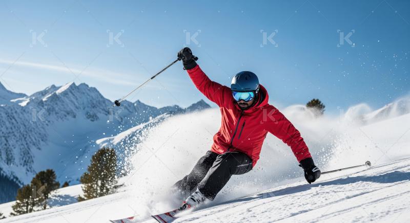 Dynamic Skier Carving Turn on Sunny Mountain Slope