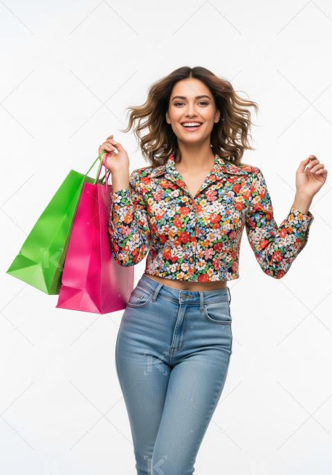 Happy Woman Holding Vibrant Shopping Bags After Successful Retai