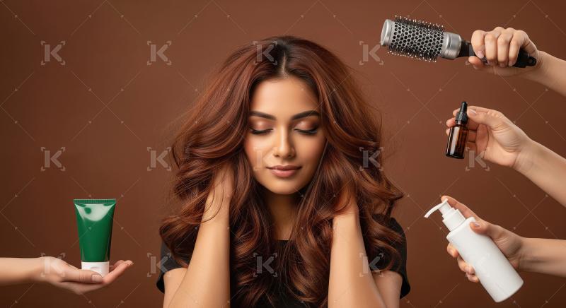Beautiful woman surrounded by hands with hair care products and