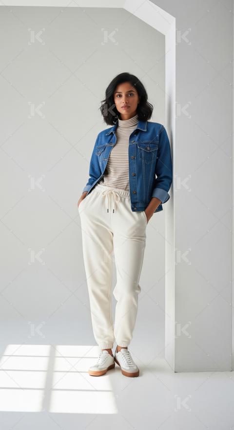 Stylish Woman in Denim Jacket and Joggers Leaning Against Wall