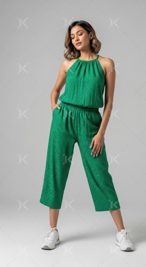 Fashionable Woman Wearing Stylish Green Textured Halter Jumpsuit