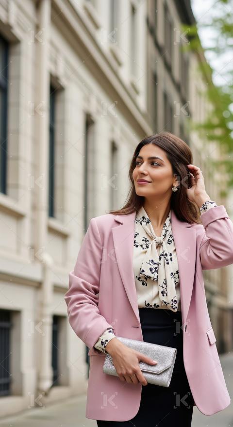 Elegant Woman in Pink Blazer and Floral Blouse Outdoors
