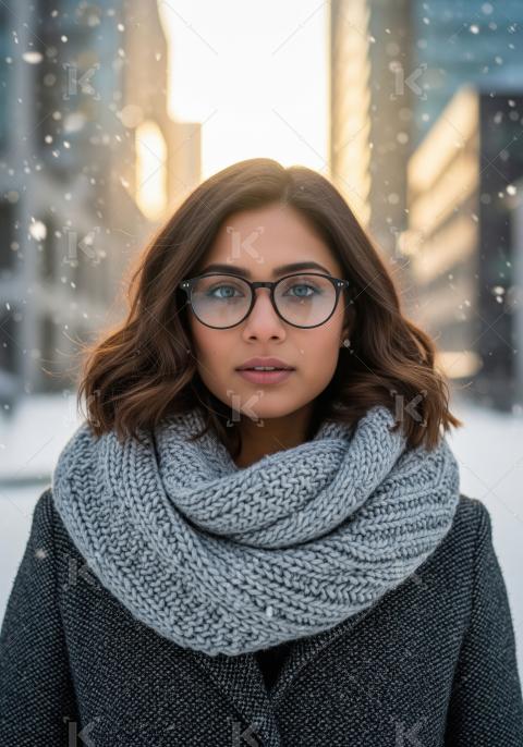 Young woman in glasses and scarf in a snowy city
