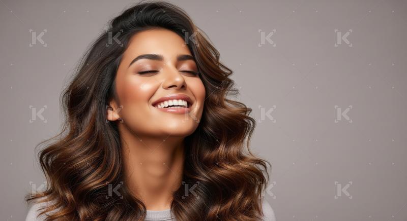 Beautiful woman with radiant smile, long wavy hair, eyes closed