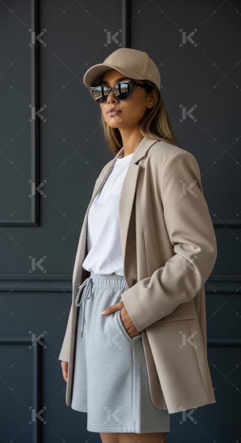 Stylish Woman in Beige Blazer, Cap, and Shorts