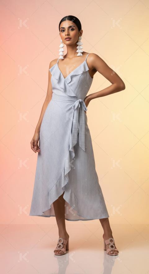Stylish Woman in Striped Wrap Dress with Tassel Earrings