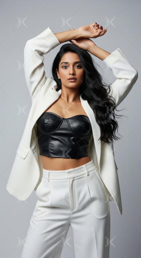 Elegant Young Woman Posing in White Blazer and Black Bustier