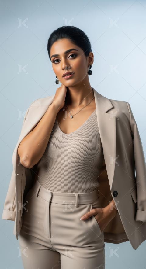 Confident Indian Businesswoman Posing in Stylish Beige Suit Atti
