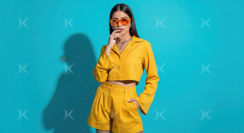 Stylish Young Woman Posing in Yellow Outfit with Orange Sunglass