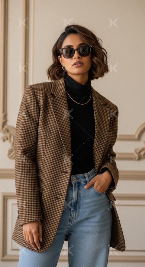 Stylish Woman in Plaid Blazer and Sunglasses Poses Indoors