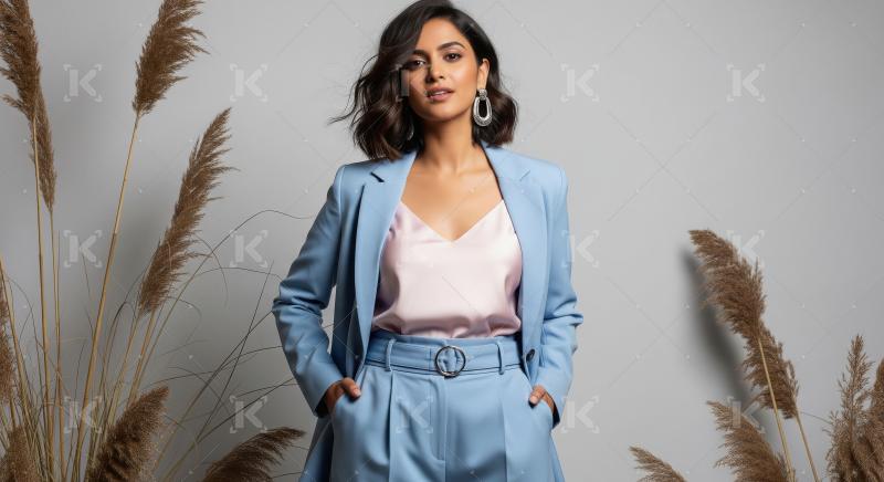 Elegant woman in modern blue suit surrounded by natural pampas g
