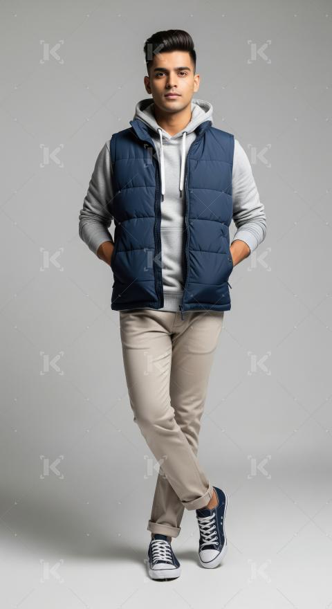 Stylish Young Man in Puffer Vest and Hoodie, Full Body