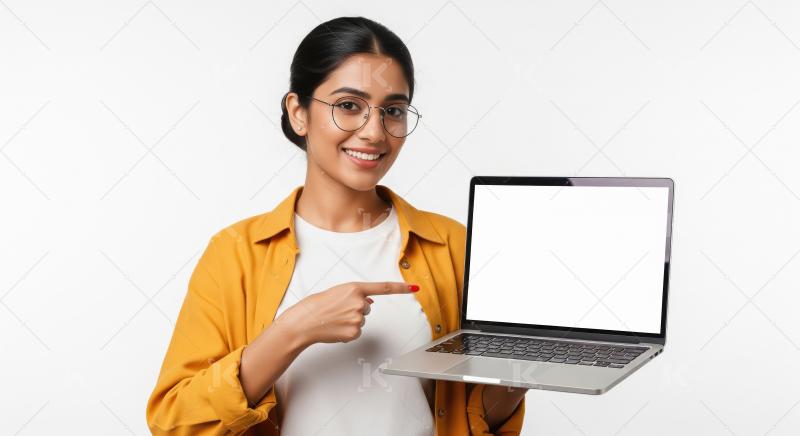 Smiling Indian Woman Points to Blank Laptop Screen for Your Cont
