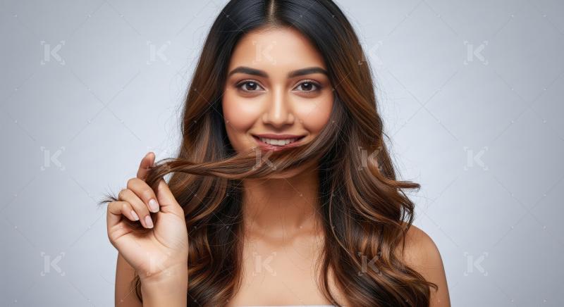 Beautiful young woman smiling, playing with her healthy brown ha