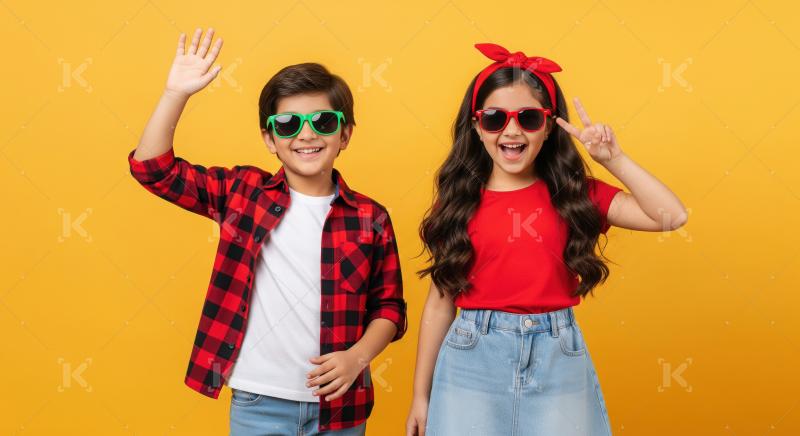 Happy Children Waving and Showing Peace Sign in Sunglasses
