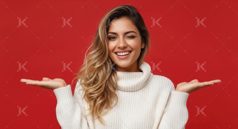 Cheerful Woman Winking and Presenting on Red Background
