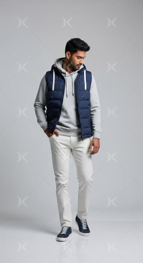 Stylish Young Man in Puffer Vest, Hoodie, and Chinos
