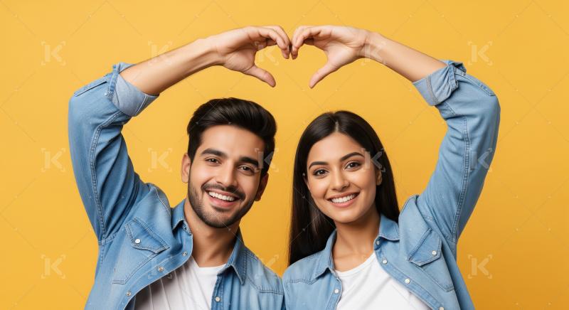 Happy Indian Couple Making Heart Shape with Hands