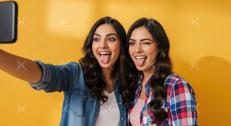 Happy young women taking playful selfie with funny faces
