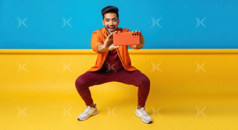 Joyful man captures moment on orange phone