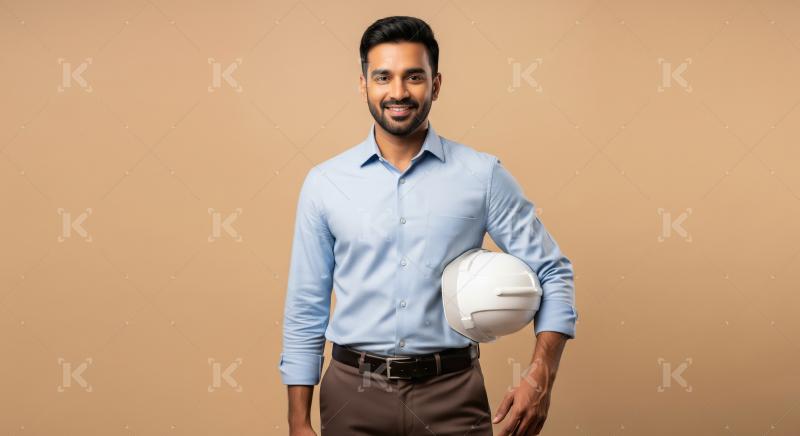 Smiling Male Engineer Holding Hard Hat. Confident Professional.