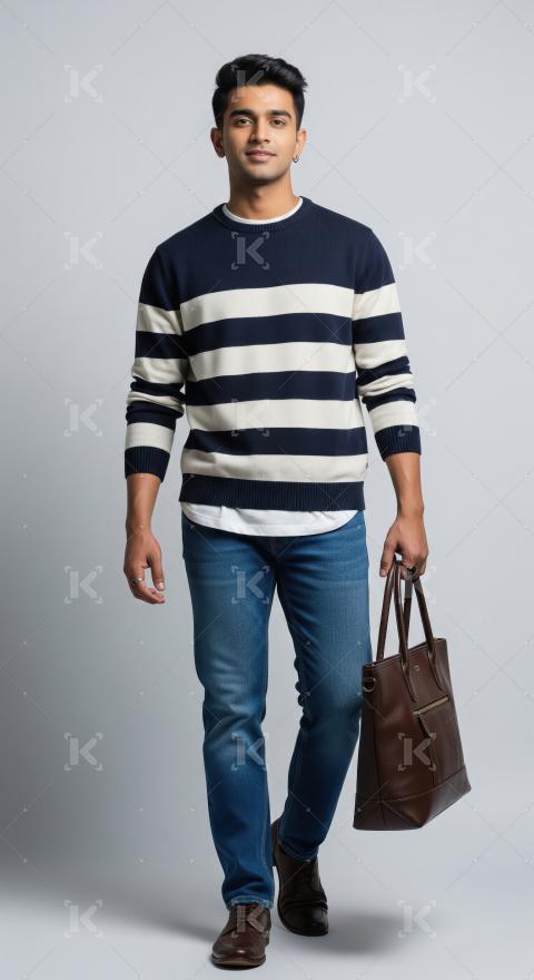 Young man in striped sweater, jeans, and brown tote bag
