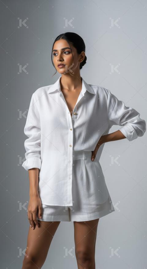Elegant Woman Posing in White Linen Shirt and Shorts