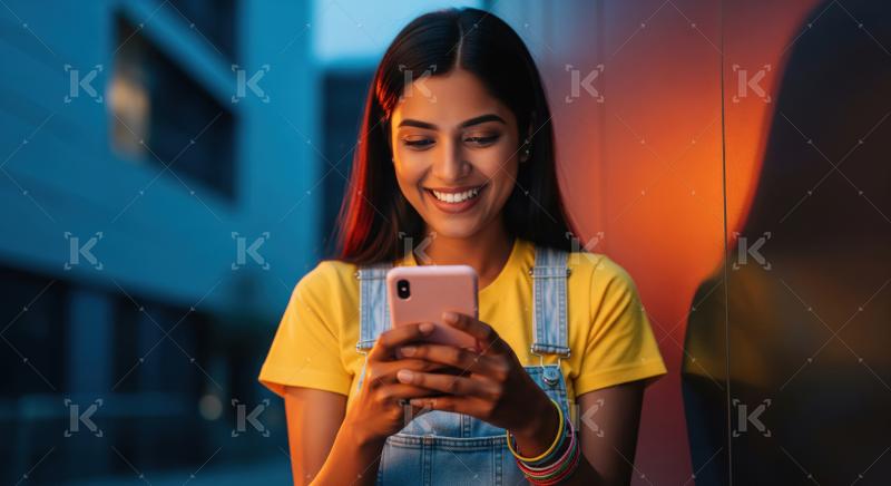 Happy Young Indian Woman Using Smartphone in Vibrant Urban Light