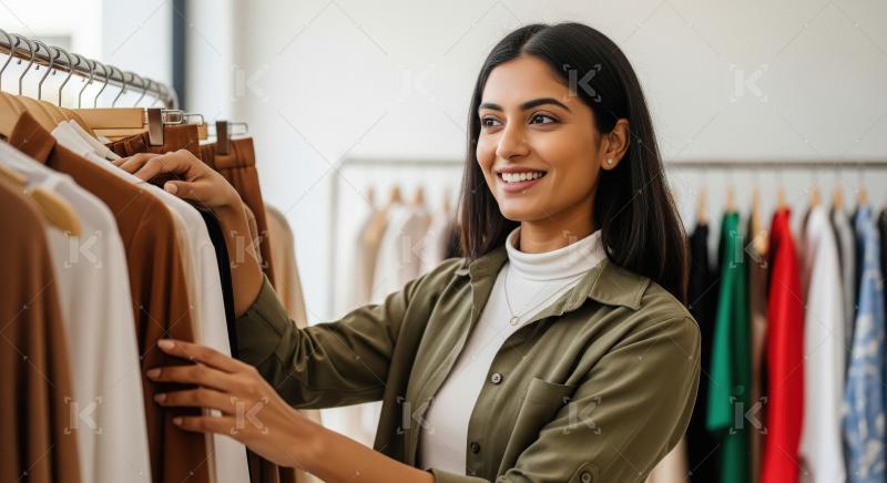 Happy Young Woman Browsing Clothes in a Stylish Boutique