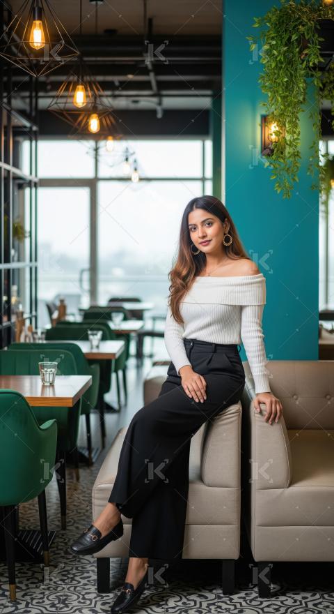 Elegant Young Woman Posing in Modern Cafe Setting