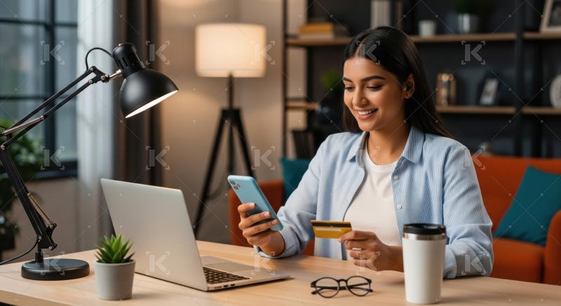 Smiling Woman Making Online Payment with Smartphone and Credit C
