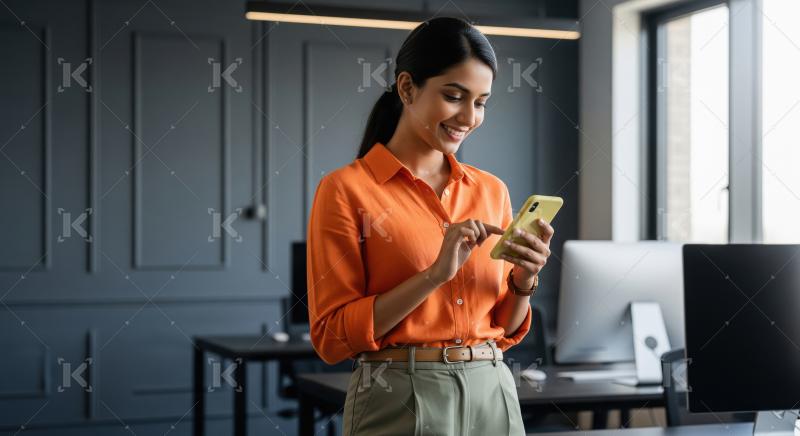 Smiling Indian Woman Using Smartphone in Modern Office