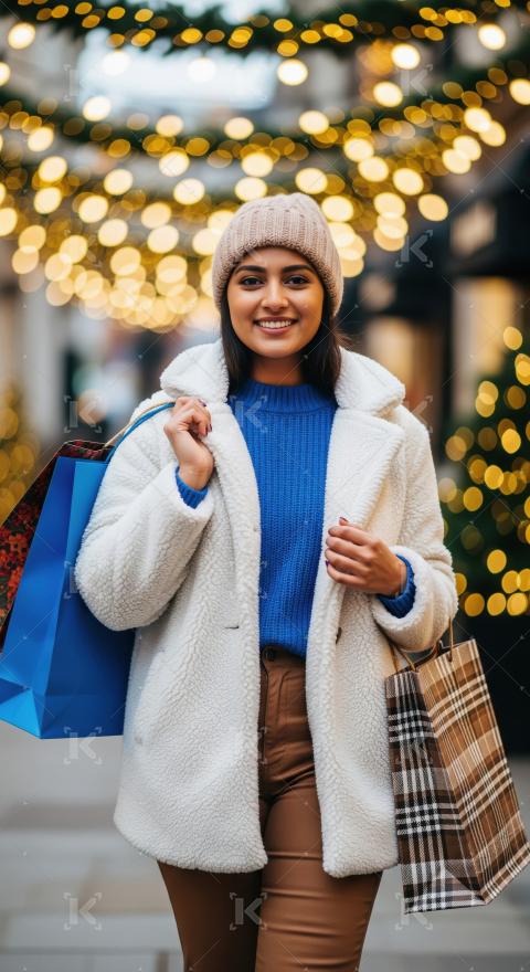 Young woman enjoying holiday shopping in a festive city street