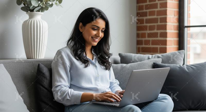 Young Indian Woman Smiling While Working on Laptop at Home