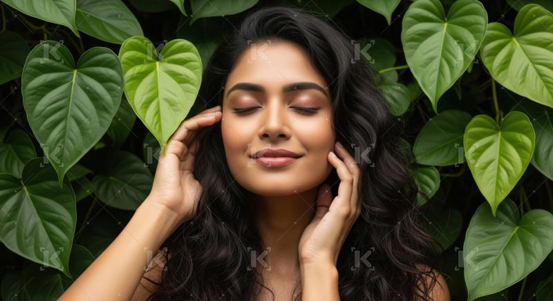 Natural beauty: tranquil woman surrounded by heart-shaped leaves