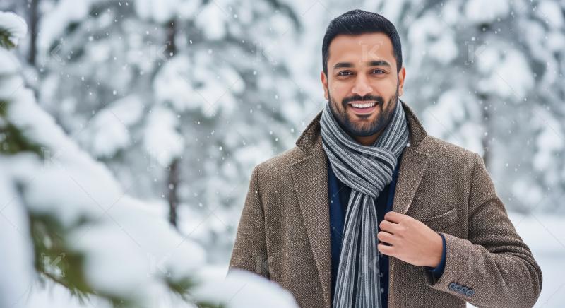 Smiling Man Enjoying Snowy Winter Day in Forest