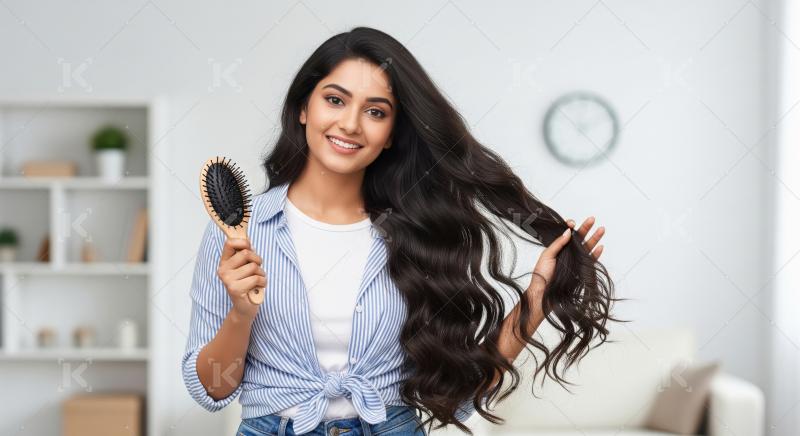 Smiling Woman With Perfect Long Dark Hair And Brush