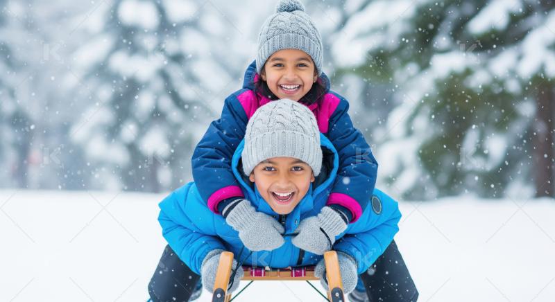Joyful Children Sledding in Fresh Snow on Winter Day