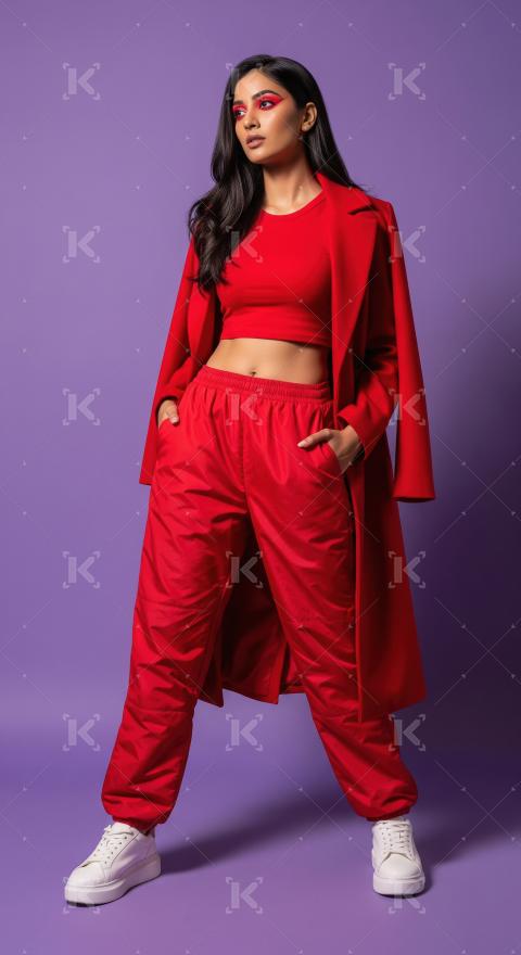 Stylish woman in bold red fashion against vibrant purple backgro