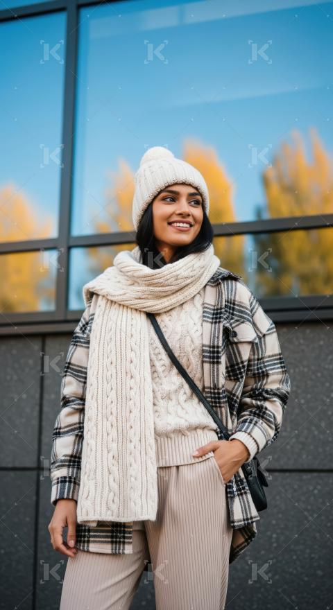Stylish Woman in Cozy Winter Fashion Smiling Outdoors