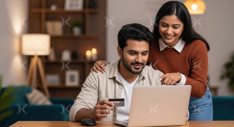Indian Couple Online Shopping with Credit Card at Home
