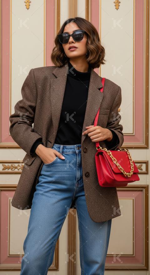 Stylish Woman in Blazer and Jeans with Red Handbag