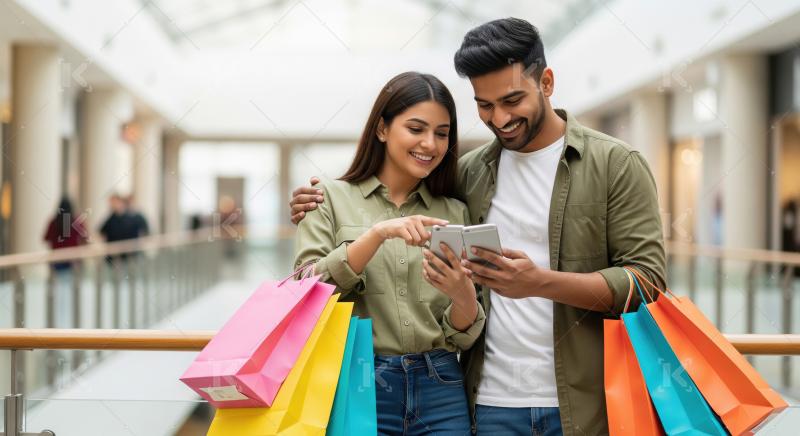 Happy Couple Browsing Phone While Enjoying Modern Shopping Exper