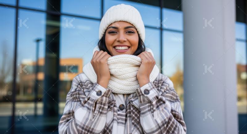 Happy Young Woman Smiling in Warm Winter Fashion Outdoors