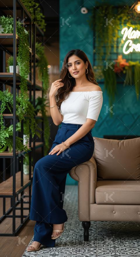 Beautiful Indian Woman Posing in Stylish Cafe Interior