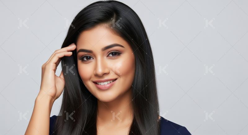 Beautiful young woman with healthy long dark hair smiling confid