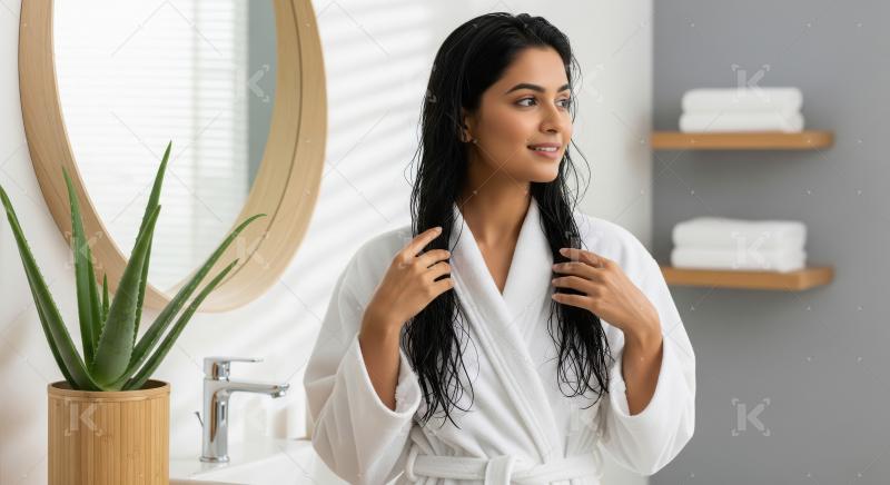 Beautiful Woman in Bathrobe with Wet Hair After Shower